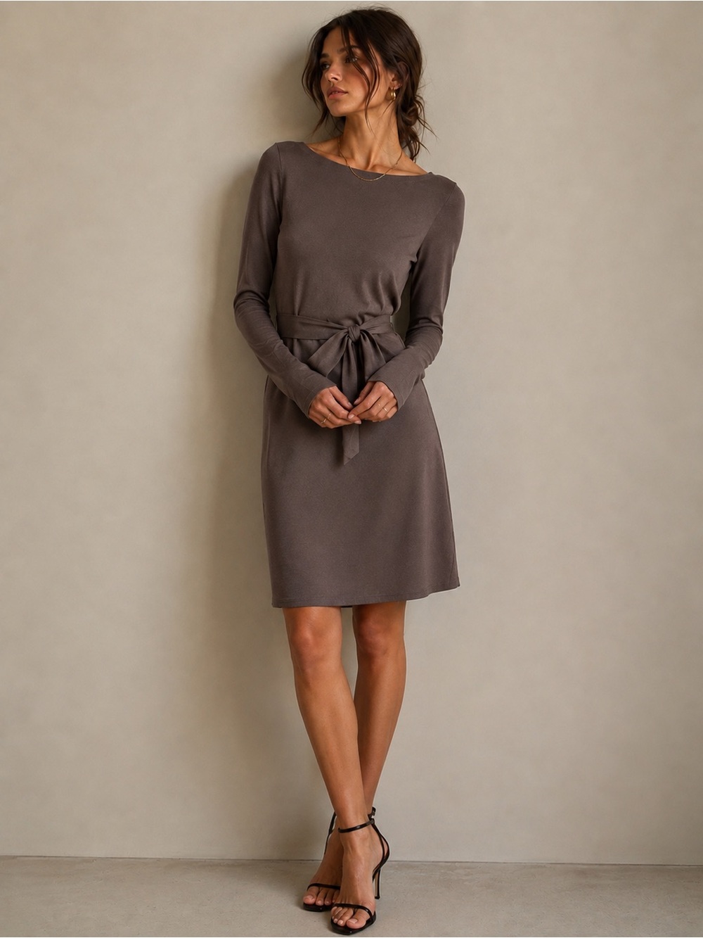 Ann Taylor Factory Long-Sleeve Tie-Waist Dress in Taupe SP NWOT
